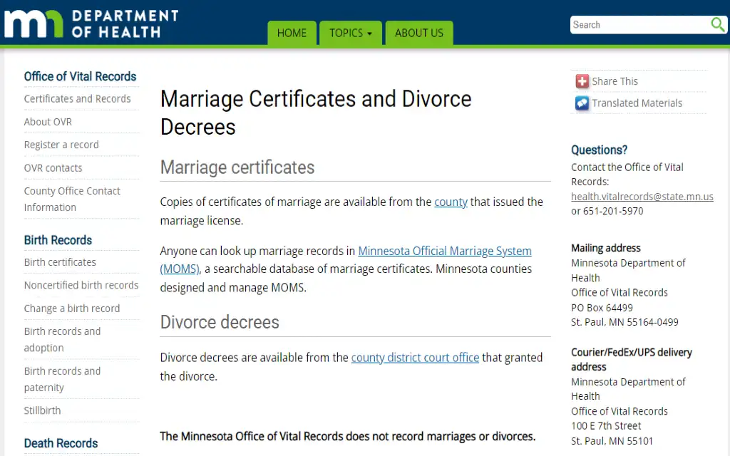 MN Department of Health website where copies of free marriage and divorce records can be obtained. 