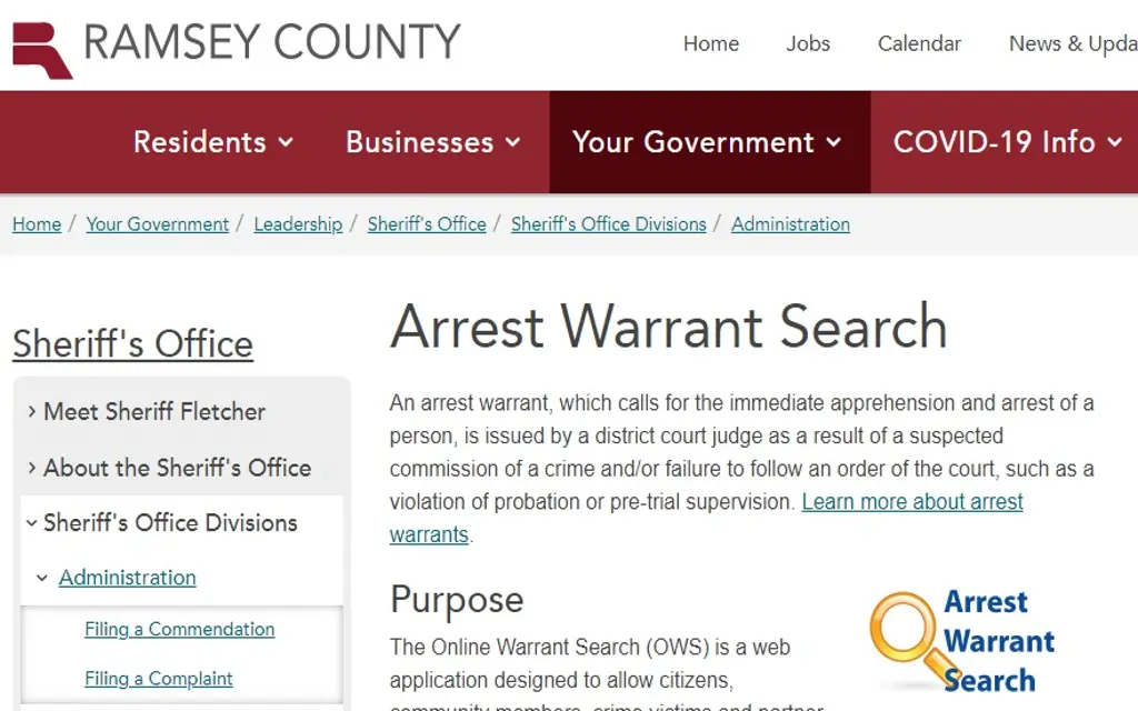 A screenshot of Ramsey Counties free arrest warrant search tool for Minnesota residents. 