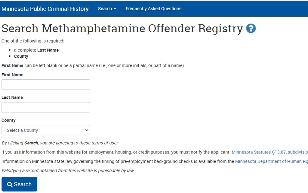 Minnesota's Methamphetamine Offender registry where distributors and manufactures of meth can be searched by first and last name. 