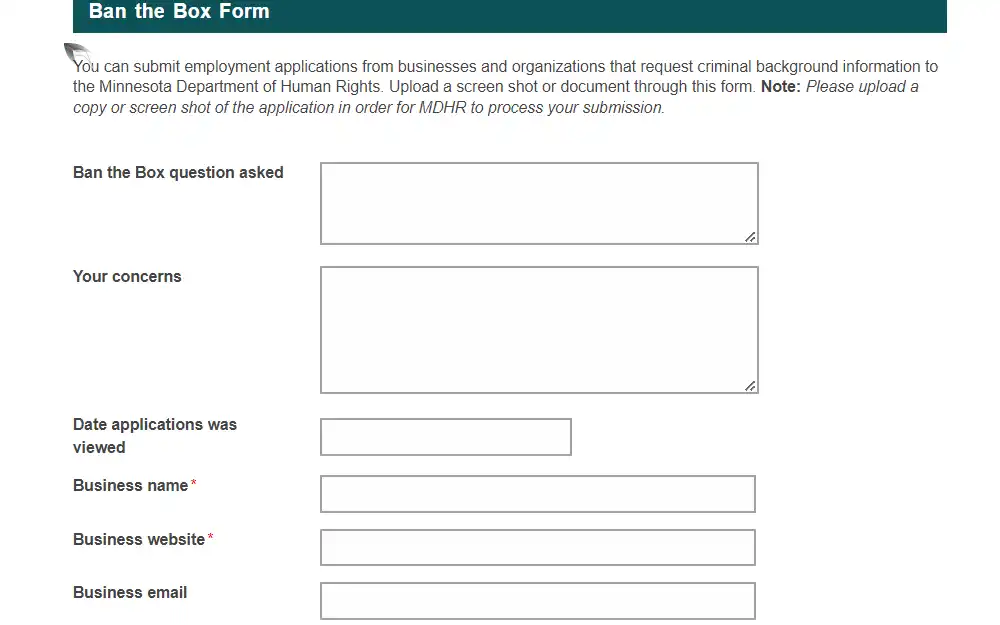 A screenshot of the Ban the Box form on the Minnesota Government Portal that displayed all the required fields, including the Ban the Box question, concerns, date of application, and the relevant business information that needs to be reported to the Minnesota government.