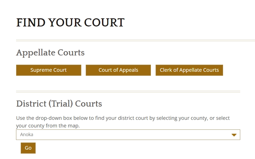 A screenshot of the Minnesota Judicial Branch's court search feature that offers 3 quick search options, including the Supreme Court, Court of Appeals Clerk of Appellate courts, additionally, a drop-down box at the bottom to locate the district court.