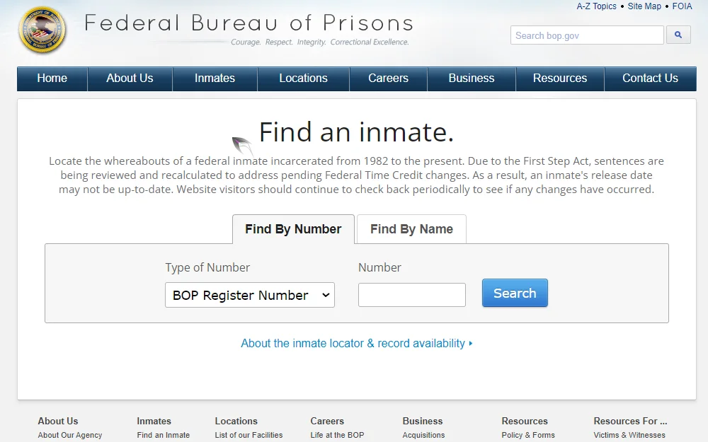 A search tab that offers two options: "find by number" and "find by name", to search by number, must specify the type of number before inputting the inmate's number, includes the Federal Bureau of Prisons logo in the top left corner.