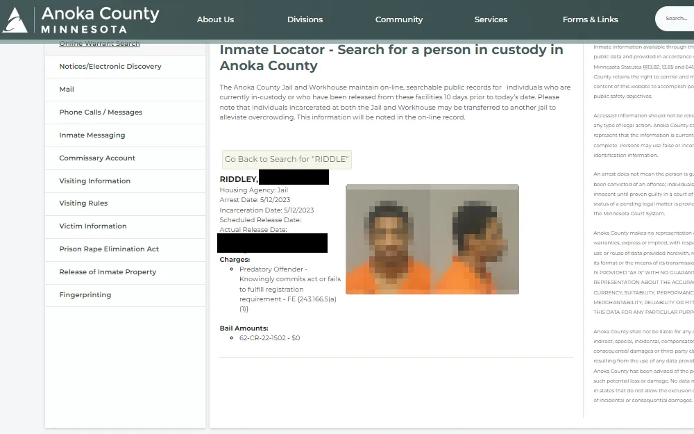 A search result displaying details about a person detained in Anoka County, including the person's entire name, arrest date, incarceration date, actual release date, charges or offense, and the amount of bail, as well as the detainee's mug photo beside it.