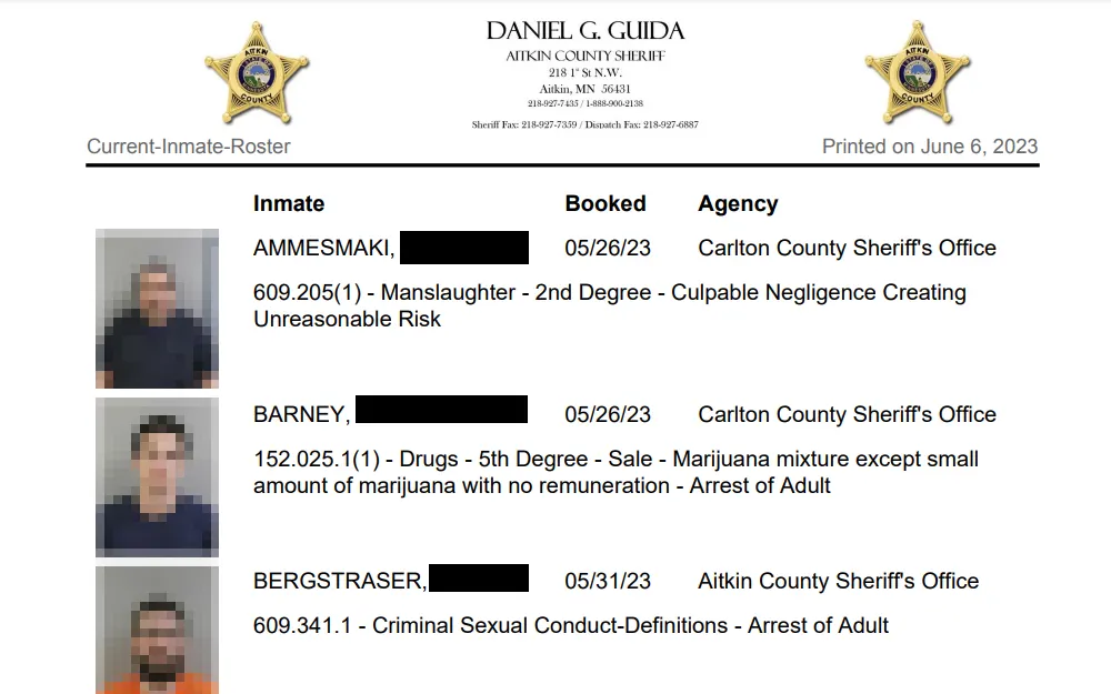 Daily reports from Aitkin County Sheriff showing the current inmate roster, their mugshots, inmate full name, booked date and agency, with the date printed at the upper right corner and two Aitkin County logos at the top.