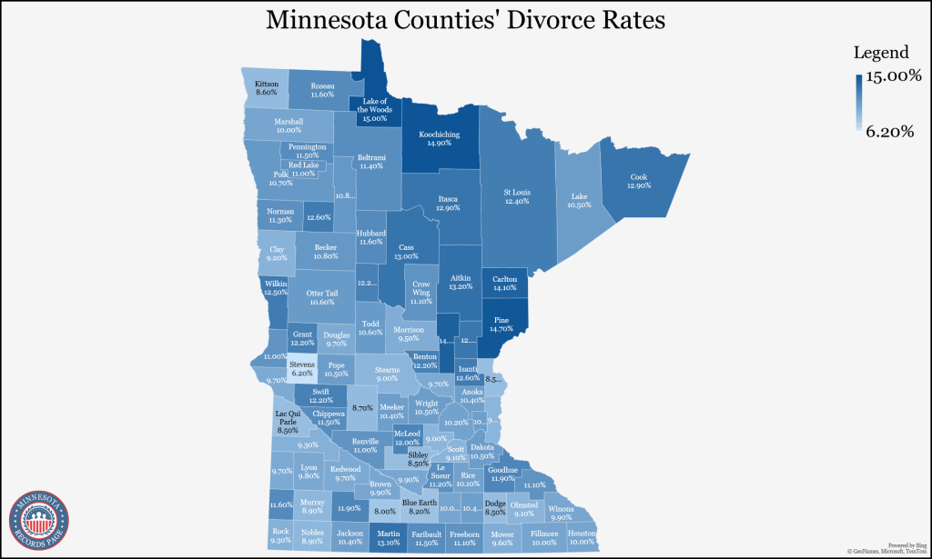 An image showing the map of Minnesota divided into 87 counties with its divorce rates (5-year estimates in 2021) information.