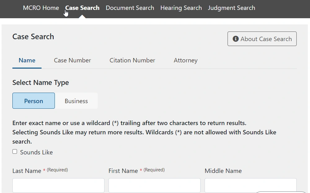 A search tab that provides options for searching in Minnesota Case Record Online by name, either for a person or a company, and then entering the full name, starting with the last name.