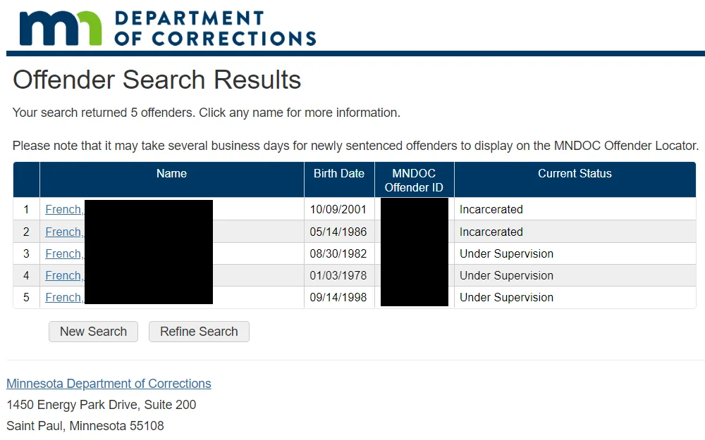 The search results exhibit details of 5 offenders in a table, including their complete name, date of birth, MNDOC Offender ID, and current status, the Minnesota Department of Corrections Logo is visible at the top left corner.
