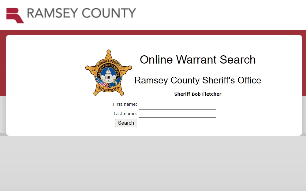 A screenshot from Ramsey County Sheriff's Office website showing an online warrant search tool with its required field such as first and last name in order to conduct a search, a Ramsey County Sheriff in Minnesota logo.