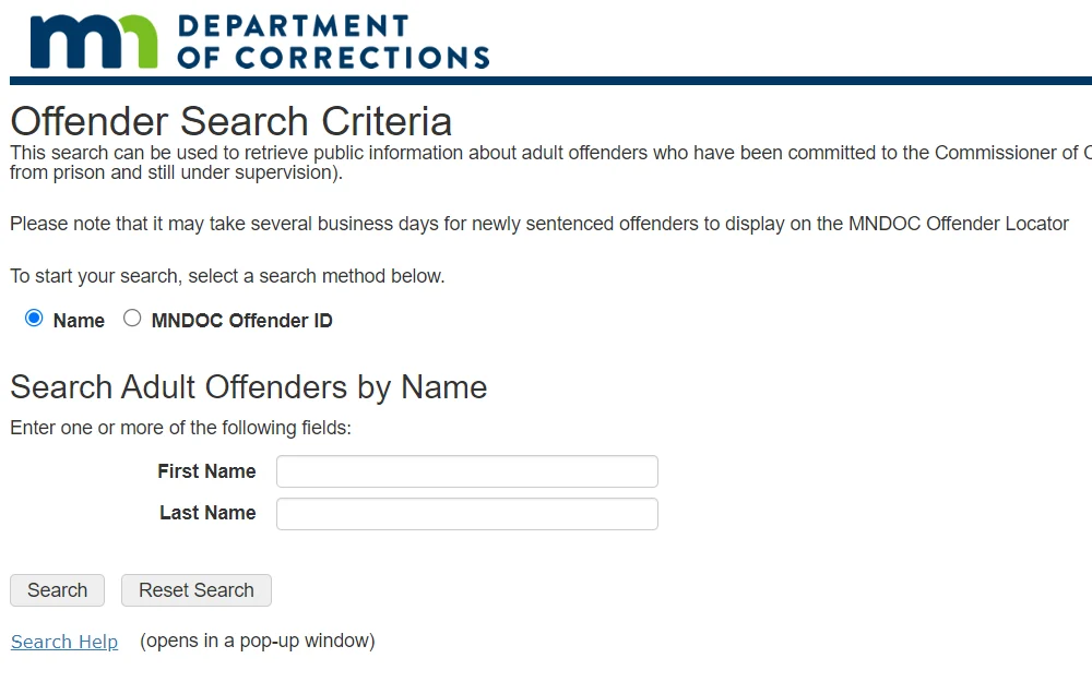 A search tab that offers two available options: by name and MNDOC Offender's ID, to search by name, must filled out the first and last name of the inmate, also includes the Minnesota Department of Corrections logo in the top left corner.