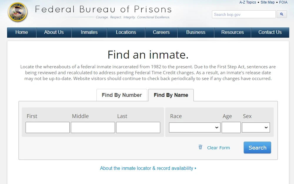 A search tab that offers two options: "find by number" and "find by name" highlightened, to search by name, the necessary fields - first, middle, and last name of the inmate, along with their race, age, and sex - must be filled out, also includes the Federal Bureau of Prisons logo in the top left corner.