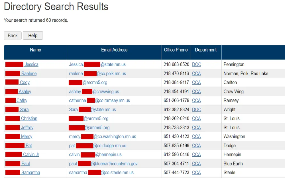 A screenshot displaying a directory search results with 60 records showing name, email address, office phone, department and location from the Minnesota Department of Corrections website.