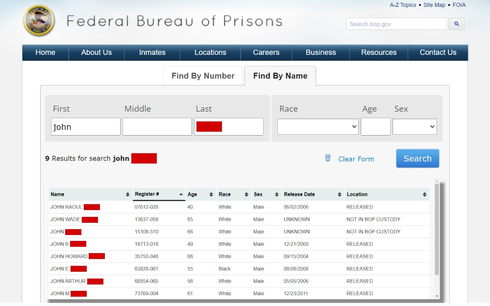 A screenshot of the Federal Bureau of Prisons inmate locator search results showing some details such as their full name, register number, age, race, sex, release date and location.
