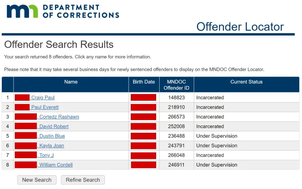 A screenshot of the offender locator search results displaying some information such as full name, birth date, MNDOC offender ID and current status from the Minnesota Department of Corrections website.
