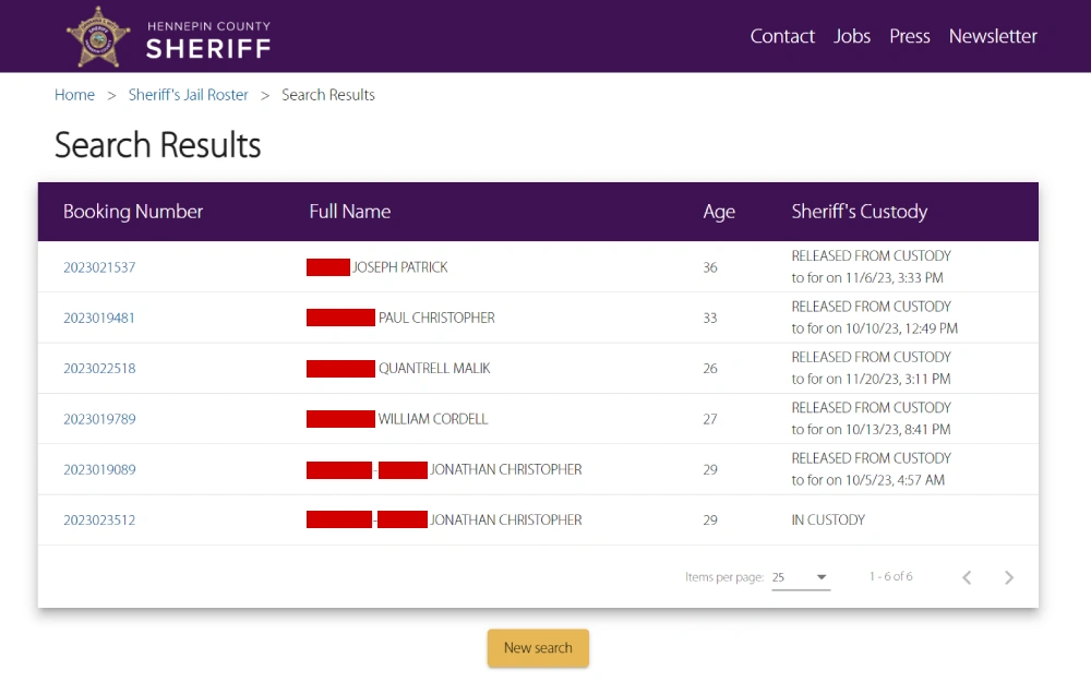 A screenshot showing the sheriff's jail roster search results displaying some information such as booking number, full name, age and sheriff's custody from the Hennepin County Sheriff's Office website.