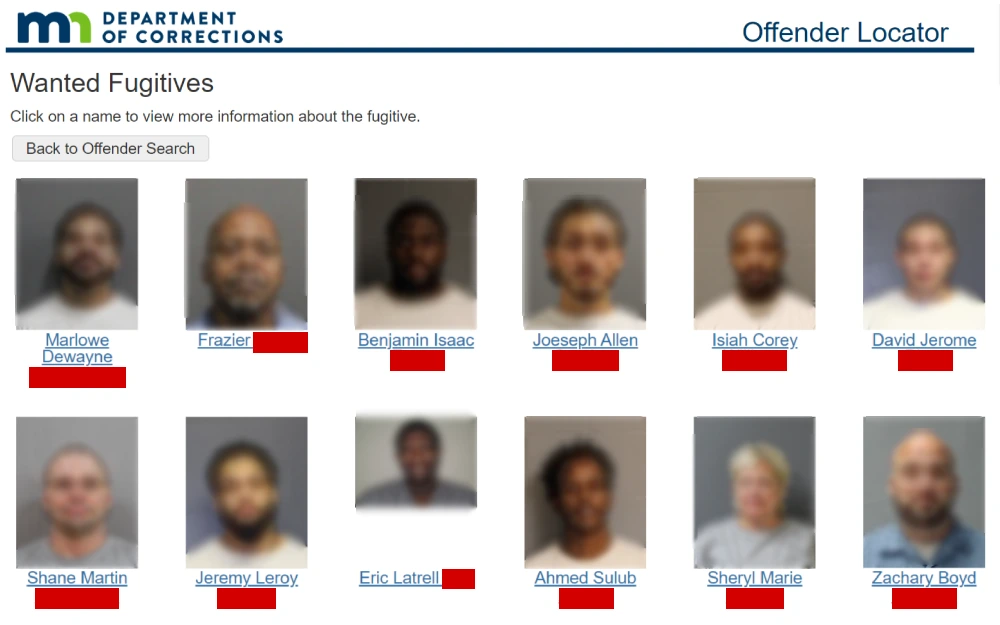 A screenshot displaying a Minnesota Department of Corrections list of wanted fugitives showing their full name and a preview of their mugshot.