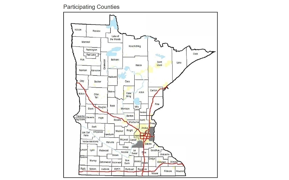 A screenshot displays the participating counties covering the Minnesota official marriage system, including Marshall, Lake of the Woods, Lake, Cook, Cass, Becker, Todd, Grant, Pine, Clay and others.
