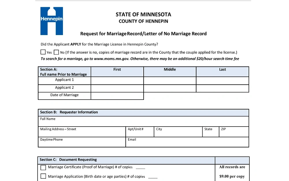 A screenshot displaying a request for a marriage record or letter of no marriage record requiring details such as applicant 1 & 2's first, middle and last name, date of marriage, requester information and document requesting details.