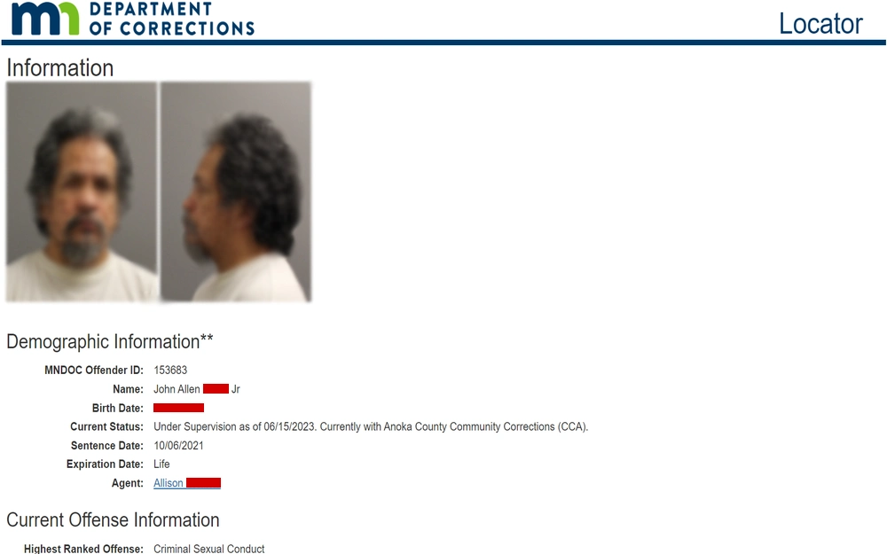 A screenshot from the Minnesota Department of Corrections with a profile of an individual under supervision featuring front and side mugshot photos, demographic information, offender ID, name, birth date, current status, sentence date, offense, and the name of the supervising agent.