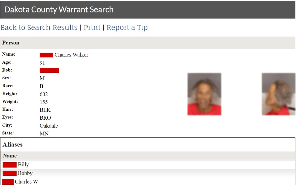 A screenshot from the Dakota County Sheriff’s Office shows the personal details of a 91-year-old male with aliases listed, accompanied by his front and side profile images in a red shirt.