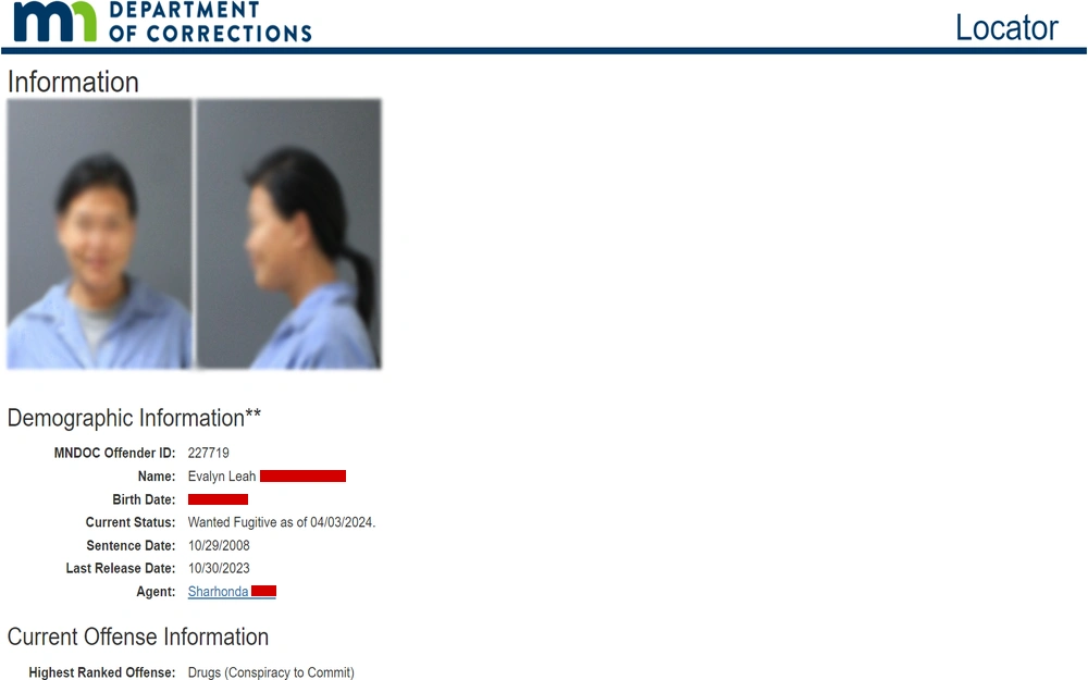 A screenshot from the Minnesota Department of Corrections showing two mugshot photos of an individual, along with demographic information including offender ID, name, birth date, status as a wanted fugitive, sentence and release dates, agent name, and offense details.