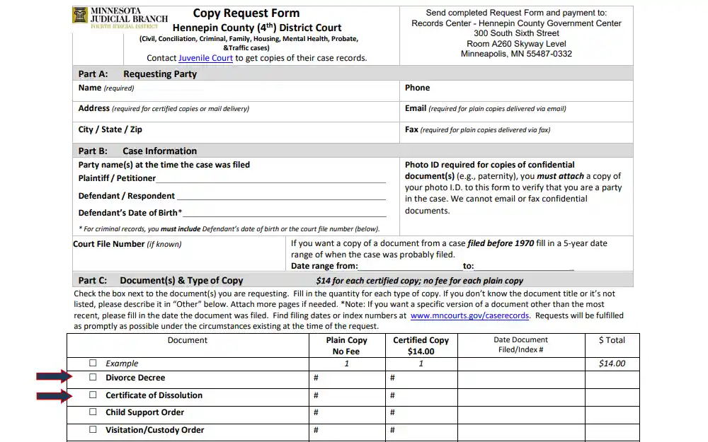 A screenshot from Hennepin County District Court displays the first three parts of the copy request form: requesting party information, case information, and type of copy, with the check boxes for divorce decree and dissolution certificate highlighted with arrows.