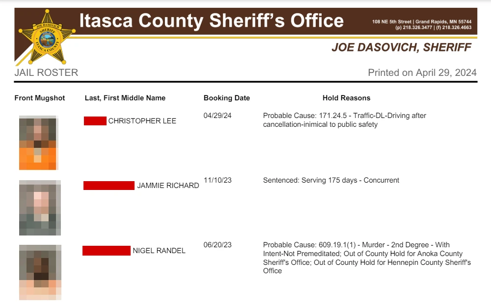 A screenshot of the jail roster from Itasca County Sheriff's Office displays the offenders' mugshots, full names, booking dates, and holding reasons.