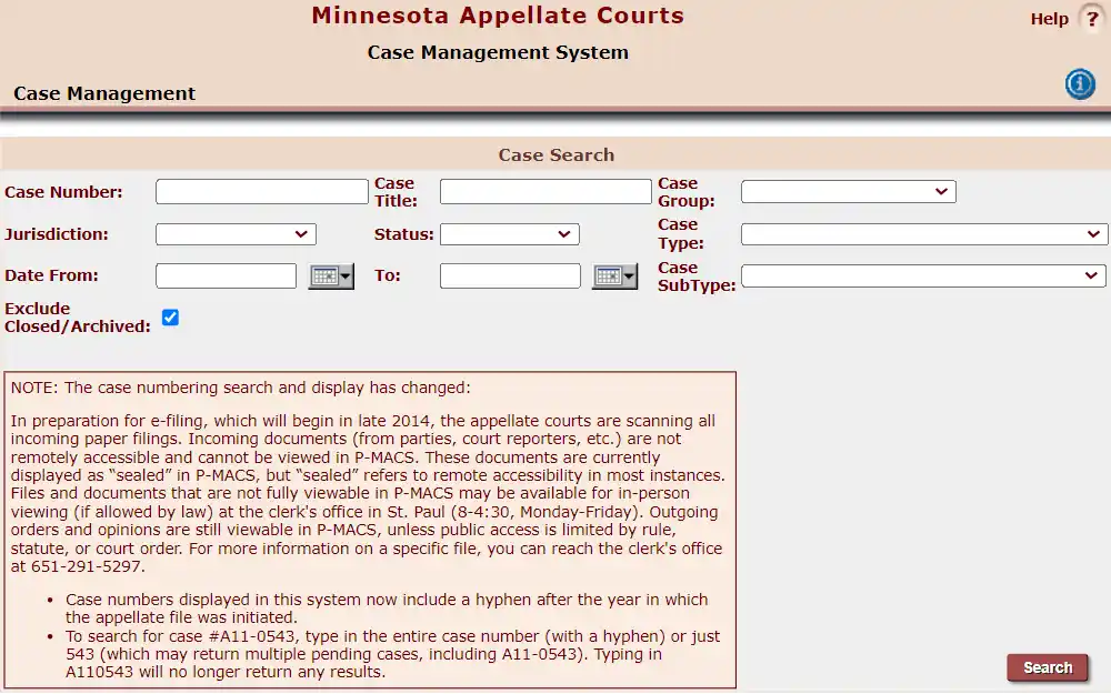 A screenshot of Minnesota Appellate Courts' case management system displays the case search option with fields for case number, case title, case group, jurisdiction, status, case type, date range, case subtype, and an option to exclude closed or archived cases, followed by a text box containing a note regarding the case numbering search and display.