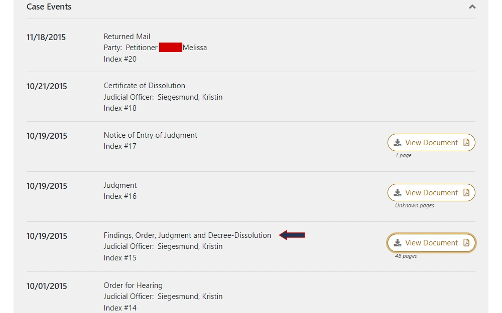 A screenshot of the case events section of a dissolution case detail from the Minnesota Judicial Branch displays the date and description of events as well as the public documents available, with the decree emphasized with an arrow.