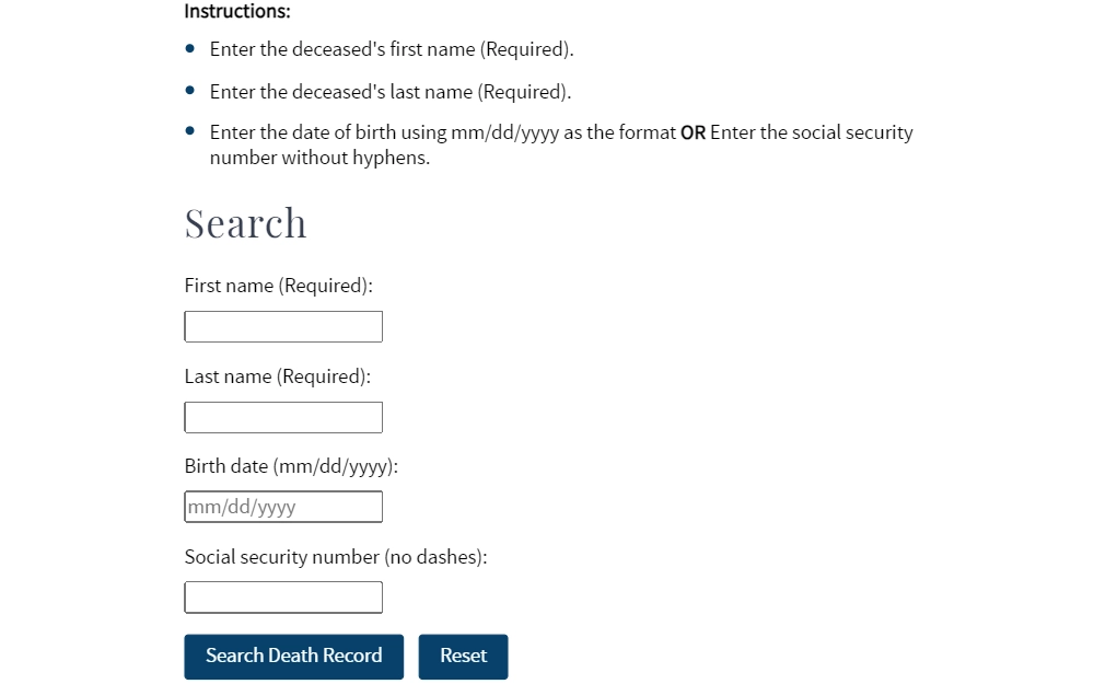 A screenshot of the death search tool provided by the Minnesota Department of Health displays the search instructions, followed by the input fields for first name, last name, birth date, and social security number.