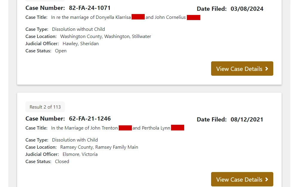 Screenshot from the Minnesota Judicial Branch's court records online, displaying some of the search results, including the respective case numbers, case titles, dates filed, case types, locations, judicial officers, and statuses.