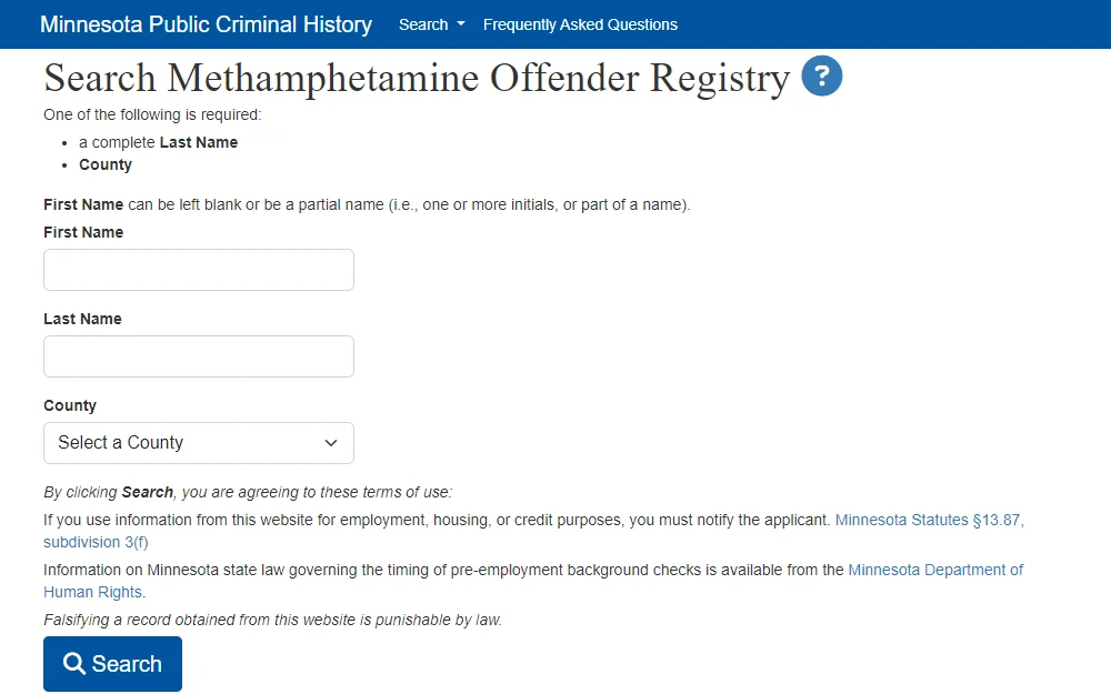 Minnesota's Methamphetamine Offender registry where distributors and manufactures of meth can be searched by first and last name. 