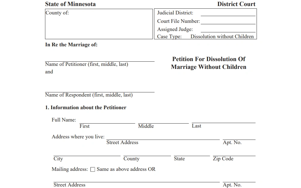 A screenshot of the petition for dissolution of marriage without children from Minnesota District Court displays the first section of the form with fields provided for county, judicial district, court file number, assigned judge, name of petitioner, name of respondent, and the address of the petitioner.