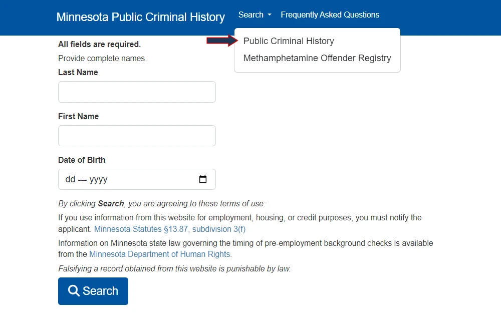 Minnesota's public criminal history search tool that allows criminal offenders to be searched by first and last name.