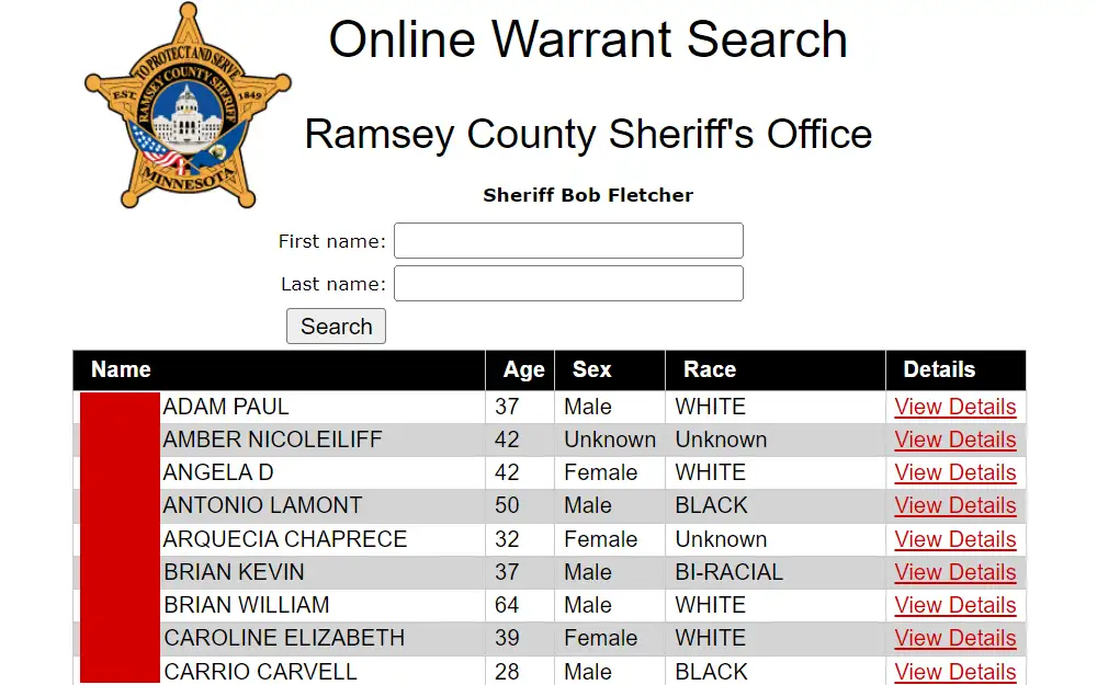 A screenshot of Ramsey County's free arrest warrant search tool displays the input fields for the first and last names and the corresponding results laid out in a table with the following information: name, age, sex, race, and links to view more details. 