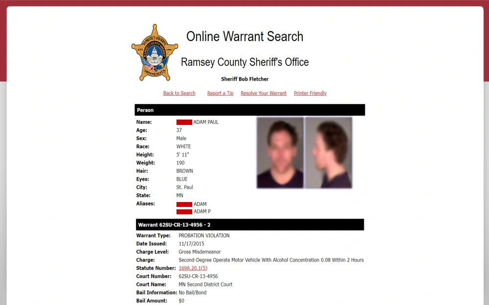 A screenshot from the Ramsey County Sheriff’s Office displaying a warrant detail for a person including name, physical descriptors, and specific information about the violation, accompanied by frontal and side profile pictures of the individual.