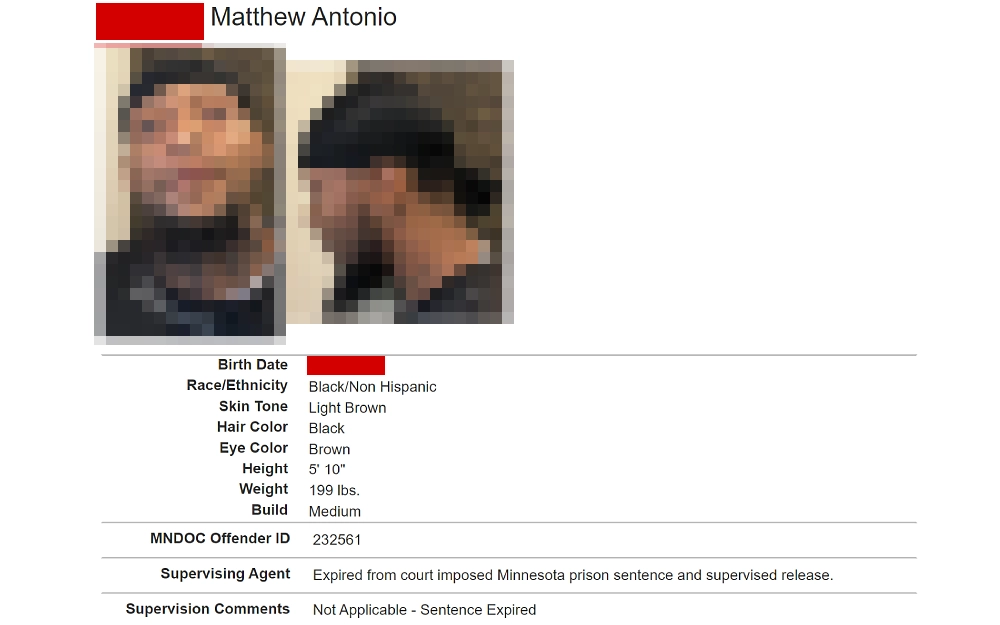 Information regarding a detained individual, including his full name and mugshots(blurred), physical characteristics, the MNDOC offender ID, supervising agent, release date and offense details, and the county's address and law enforcement agency.