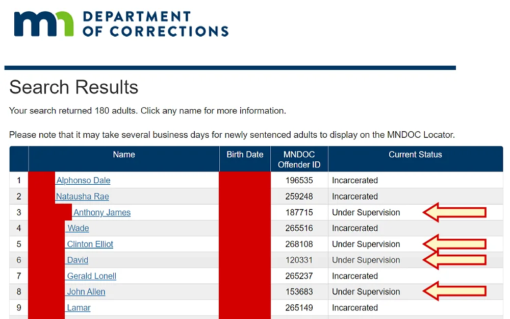 The search results exhibit details of 5 offenders in a table, including their complete names, dates of birth, MNDOC Offender IDs, and current status; the Minnesota Department of Corrections logo is visible at the top left corner.